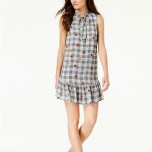 Maison Jules Ruffle Flounce‎ Hem Black & White Plaid Floral Dress Size S NWT